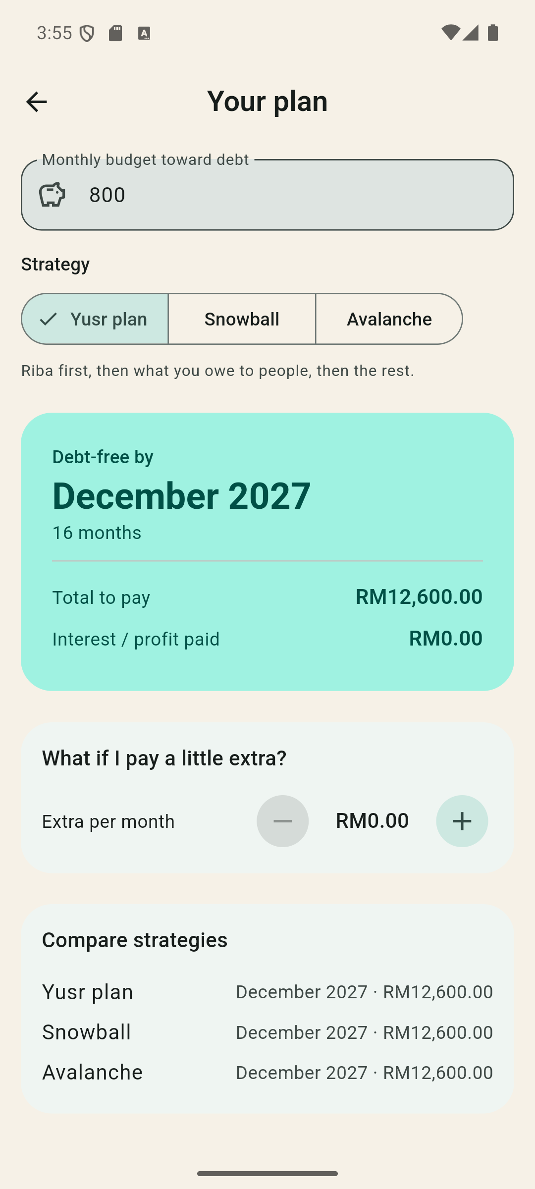 Yusr plan screen with monthly budget, strategy choices and a projected debt-free date